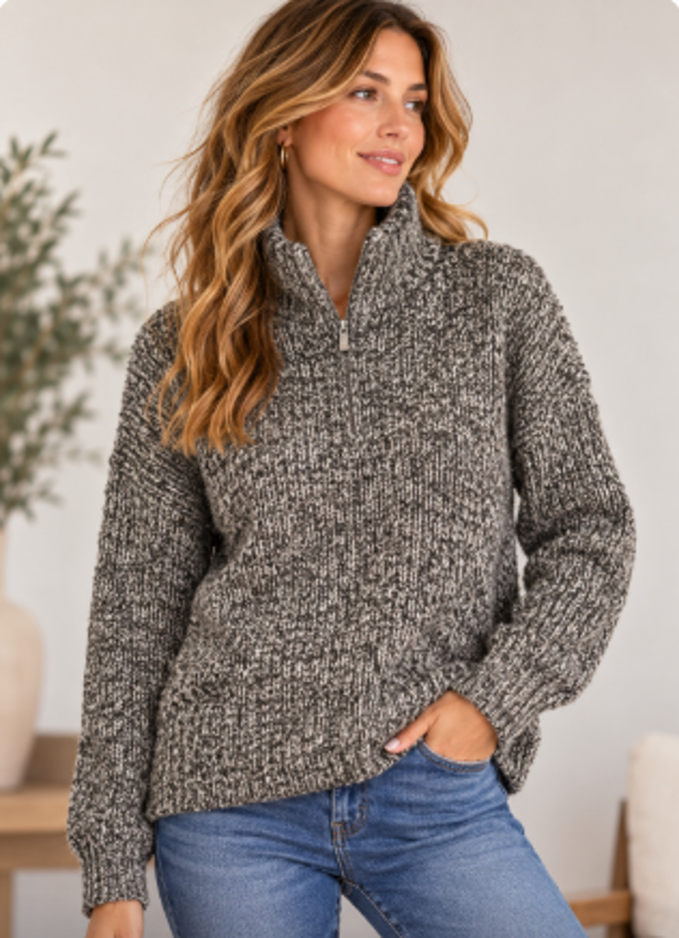 Carolyn Taylor Essentials Women’s Marled Gray Quarter Zip Sweater Med